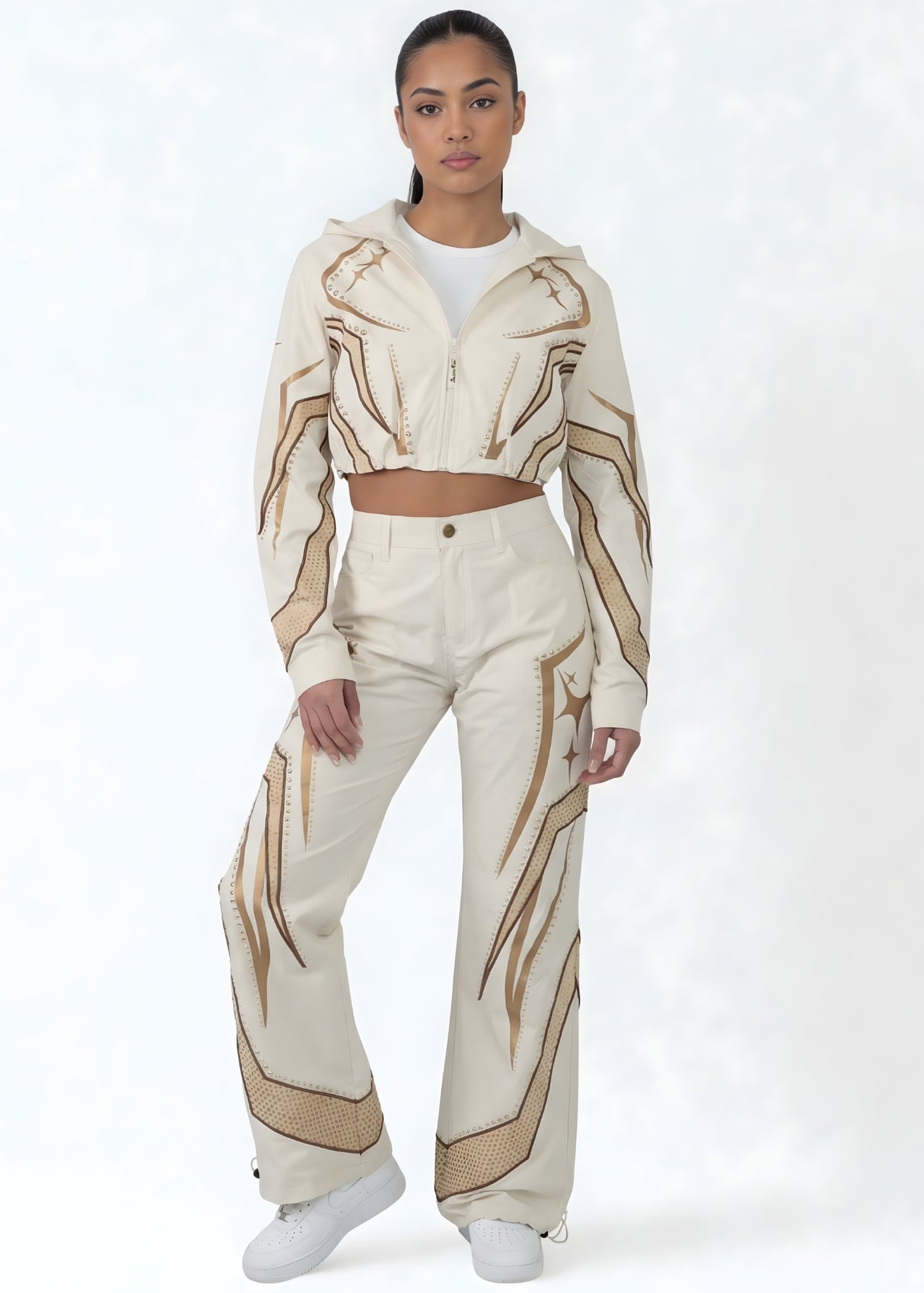 Pink Seal track jacket with wide-leg pants for a modern edge.