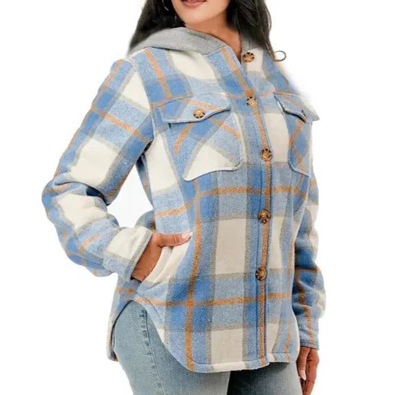 Cozy light blue fur lined hooded flannel jacket for young women and teens. Front view.