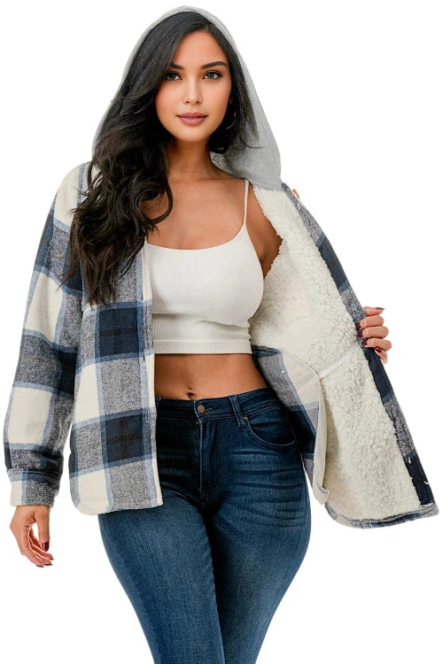 Cozy Navy color fur lined hooded flannel jacket for young women and teens Inside view.