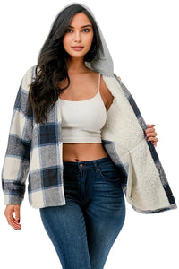 Thumbnail for Cozy Navy color fur lined hooded flannel jacket for young women and teens Inside view.