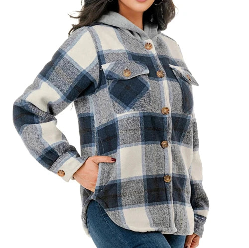 Cozy Navy color fur lined hooded flannel Jacket for young women and teens. Side view.