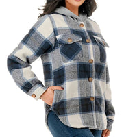 Thumbnail for Cozy Navy color fur lined hooded flannel Jacket for young women and teens. Side view.