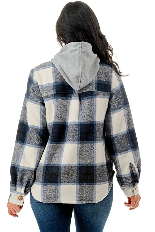 Cozy Navy color fur lined hooded flannel Jacket for young women and teens. Back view.