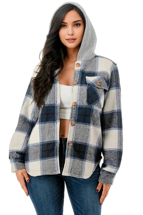 Cozy Navy color fur lined hooded flannel shacket for young women and teens. Front view.