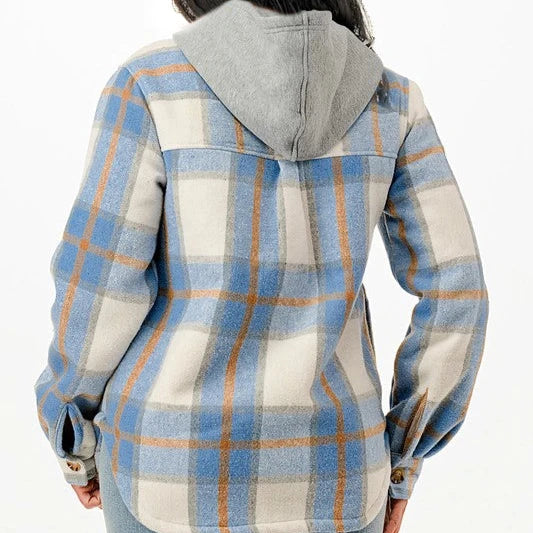 Cozy light blue fur lined hooded flannel Jacket for young women and teen. Back view