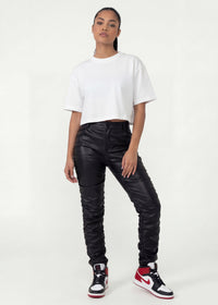 Thumbnail for Pink Seal High-rise thick PU leather pants with ruched detailing.