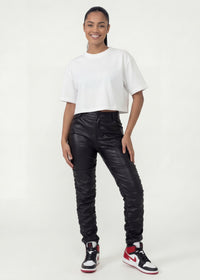 Thumbnail for Pink Seal High-rise thick PU leather pants with ruched detailing.