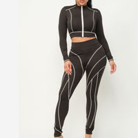 Thumbnail for Casual black color zip jacket & leggings set for a relaxed spring and fall look.