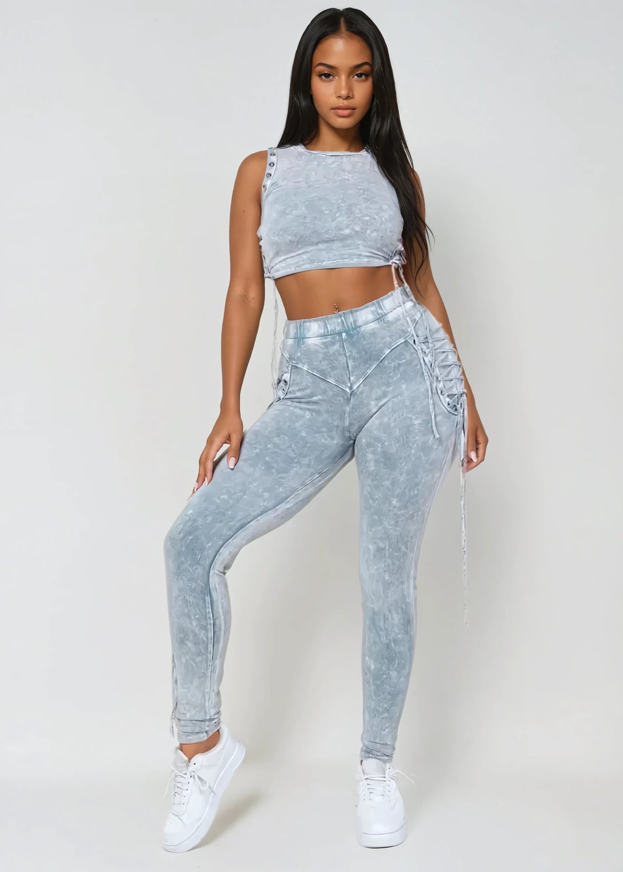 Blue The Rock Solid Mineral Wash Two-Piece Outfit features a trendy mineral wash design with bold drawstring details along the sides, blending casual comfort with a standout look. Perfect for streetwear, casual wear, and travel outfits. Shop now at Pink Seal!