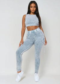 Thumbnail for Blue The Rock Solid Mineral Wash Two-Piece Outfit features a trendy mineral wash design with bold drawstring details along the sides, blending casual comfort with a standout look. Perfect for streetwear, casual wear, and travel outfits. Shop now at Pink Seal!
