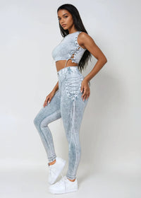 Thumbnail for Blue The Rock Solid Mineral Wash Two-Piece Outfit features a trendy mineral wash design with bold drawstring details along the sides, blending casual comfort with a standout look. Perfect for streetwear, casual wear, and travel outfits. Shop now at Pink Seal!