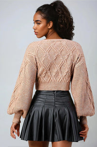 Thumbnail for Soft cropped cable knit cardigan with double buttons and V-neck.