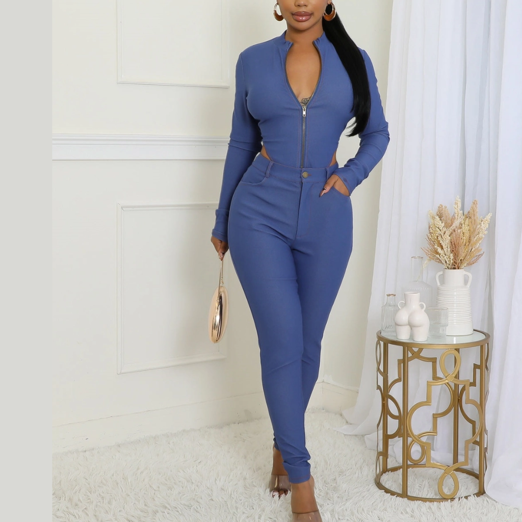 Casual light blue color long sleeve half zip bodysuit top & pants outfit for an everyday look during Spring, Fall, and Winter.