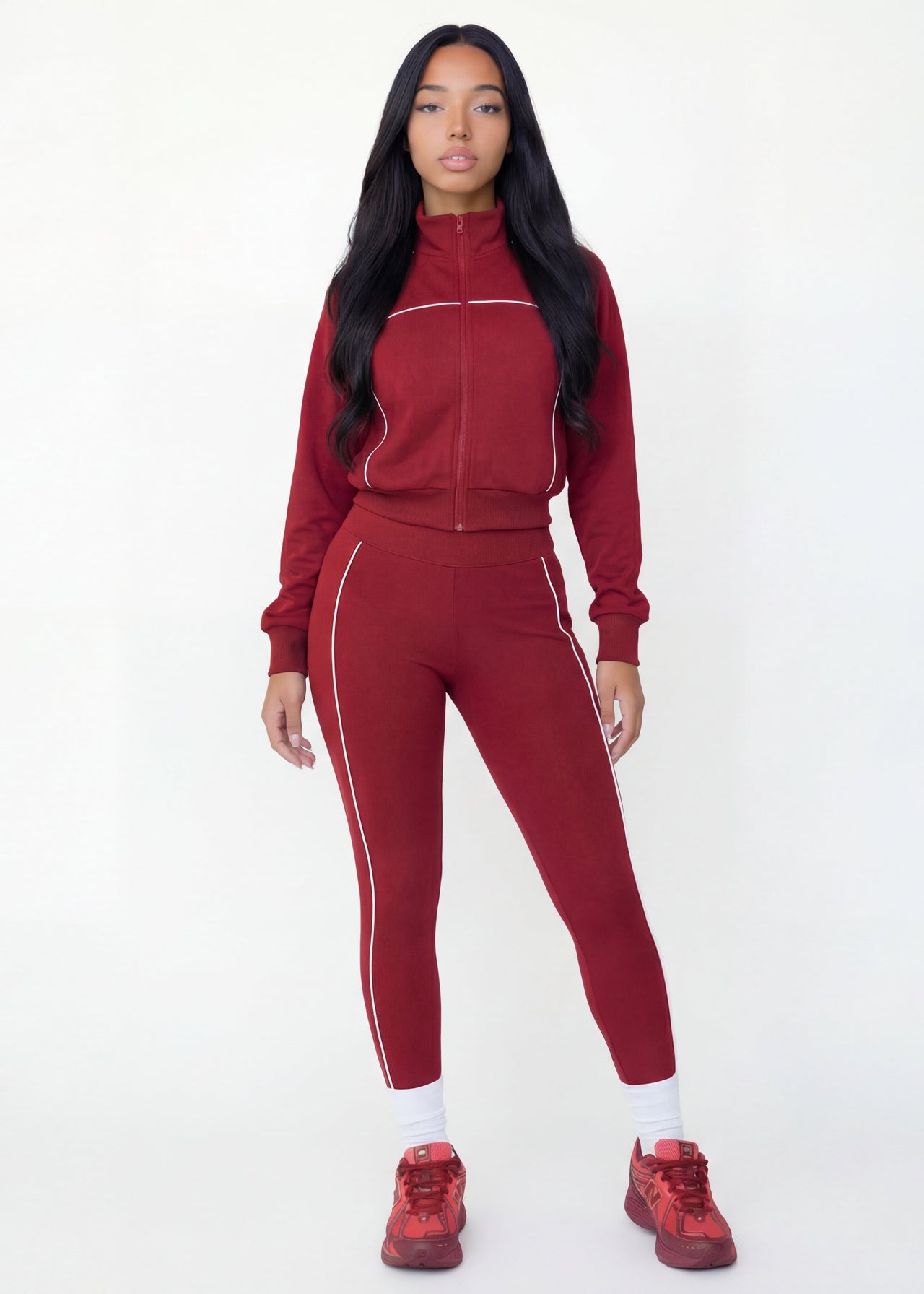 Pink Seal Zip-up windbreaker with high-waisted contrast leggings set.