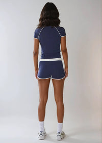 Thumbnail for The Weekend Stride Short Sleeve Top & Shorts Set combines soft jersey fabric, two-tone stripes, and a fitted silhouette for a sporty, comfortable style.