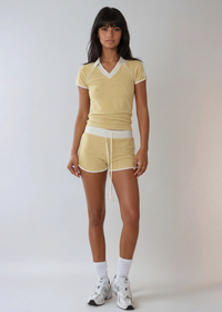 Thumbnail for The Weekend Stride Short Sleeve Top & Shorts Set combines soft jersey fabric, two-tone stripes, and a fitted silhouette for a sporty, comfortable style.