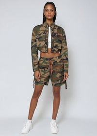 Thumbnail for Pink Seal Women's Nylon Camo Shorts, featuring utility slouch fit, cargo pockets, double drawstrings & stretchy nylon fabric.
