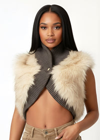 Thumbnail for Woman wearing a Cropped faux fur vest with shawl collar and ribbed knit base.