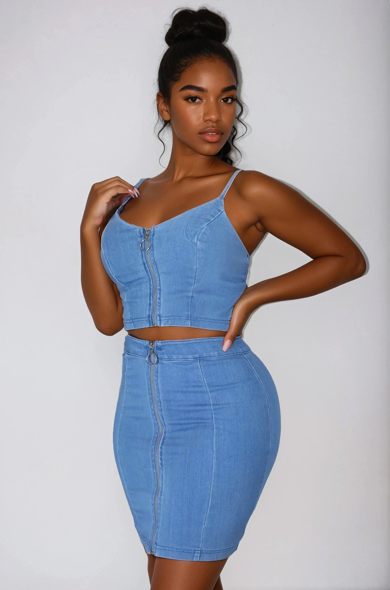 Woman wearing a blue denim two-piece outfit on a white background