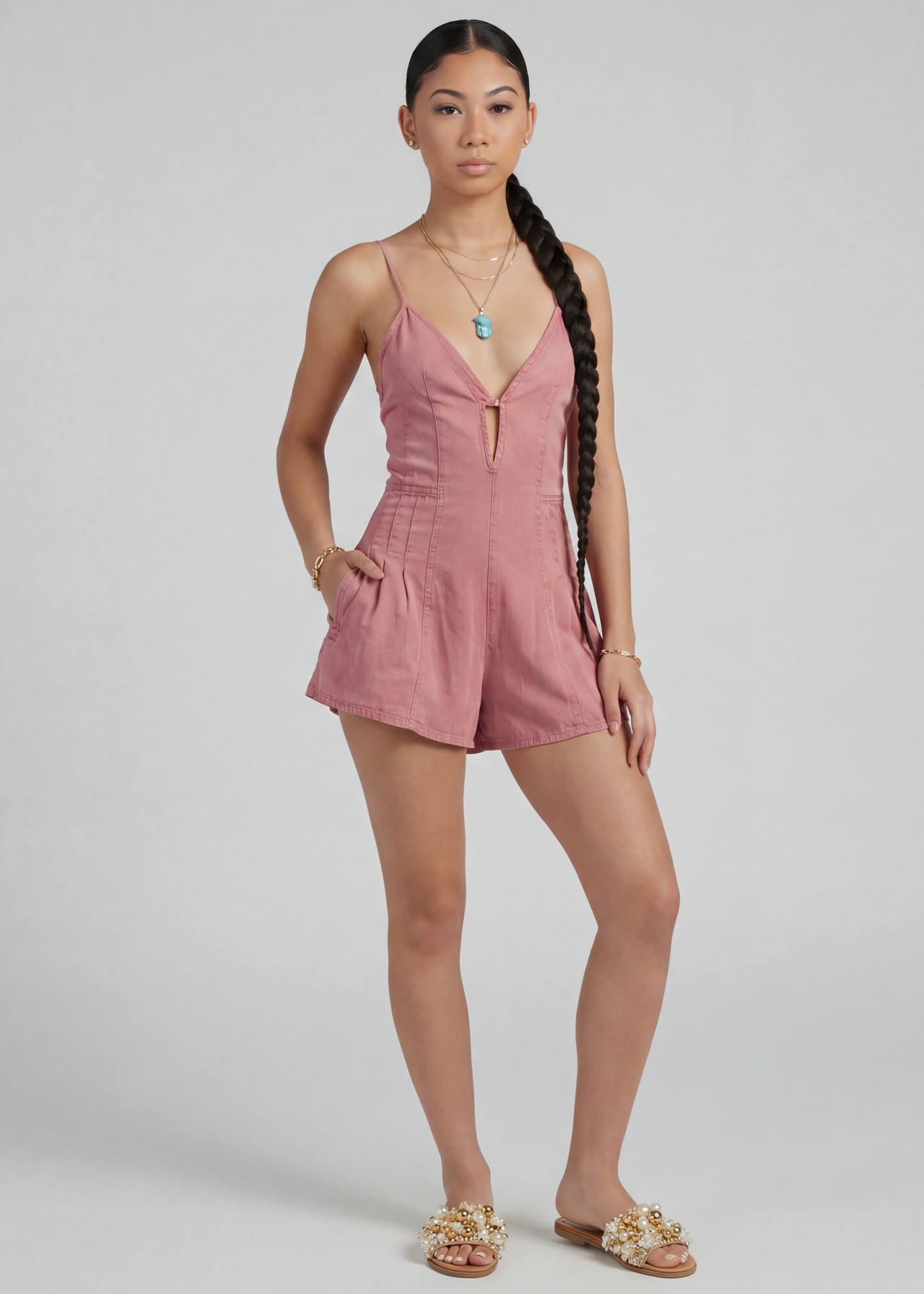 Lightweight denim romper with adjustable straps for summer